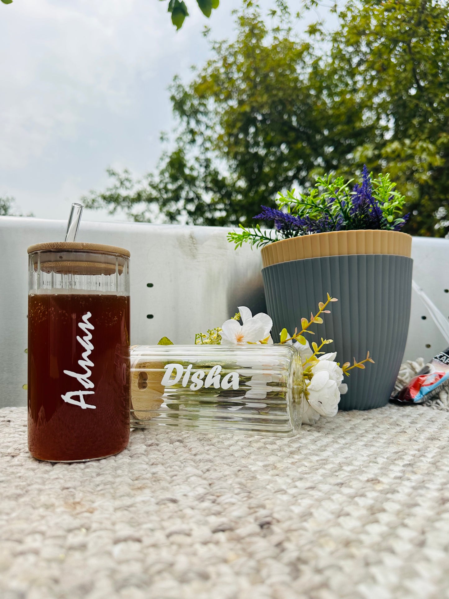 Personalized Textured Tumbler With Wooden lid & Glass Straw