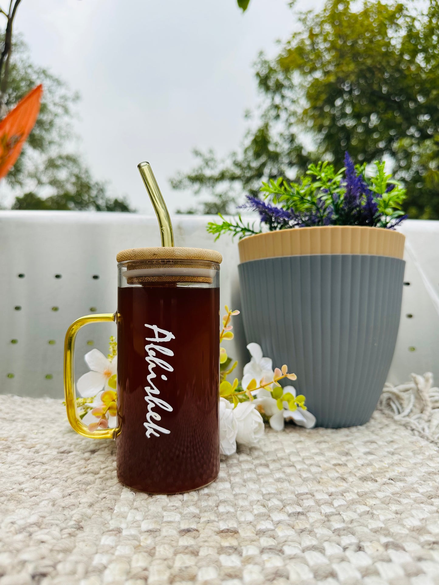 Personalized Round Shaped Glass Tumbler With Handle & Wooden Lid and Glass Straw