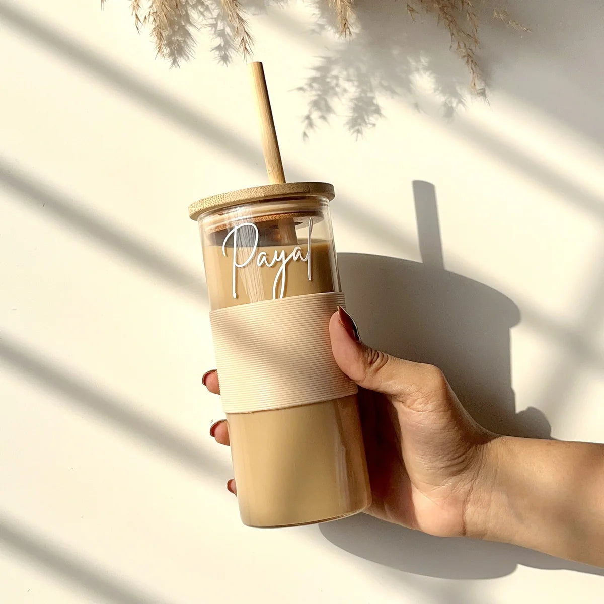 Personalized Glass Tumbler With Bamboo Straw & Lid