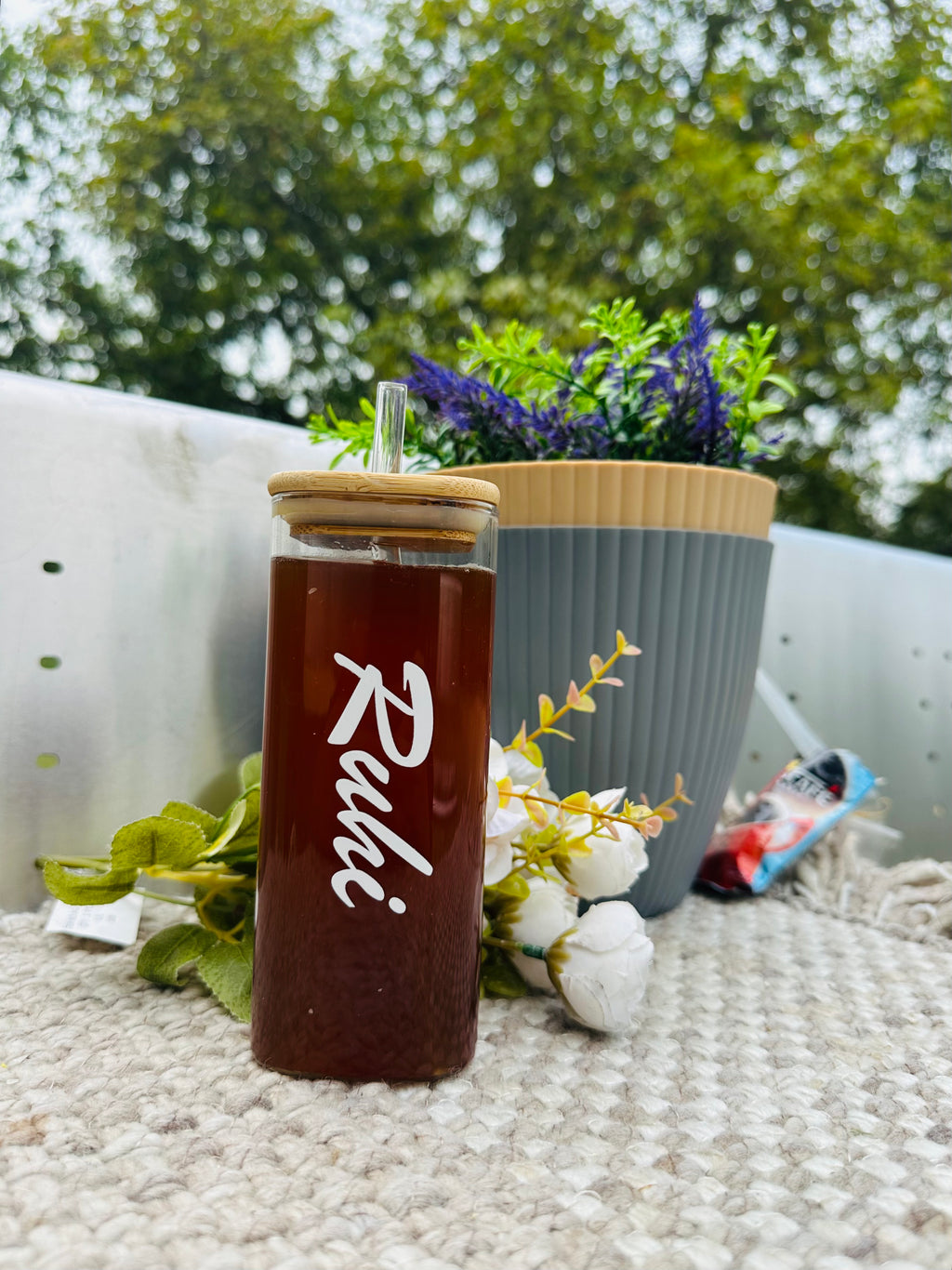 Personalized Glass Square Shape Tumbler With Wooden Lid & Glass Straw