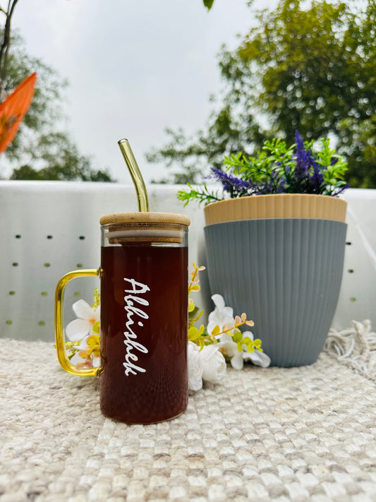 Personalized Round Shaped Glass Tumbler With Handle & Wooden Lid and Glass Straw