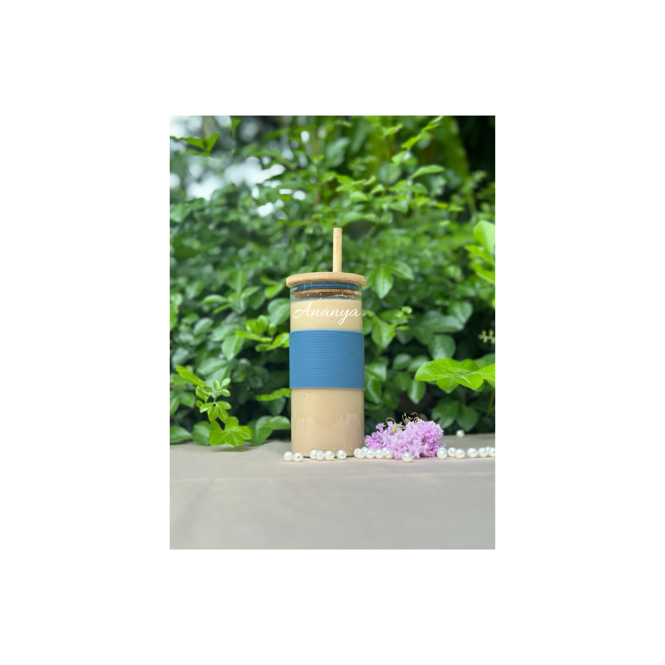 Personalized Glass Tumbler With Bamboo Straw & Lid