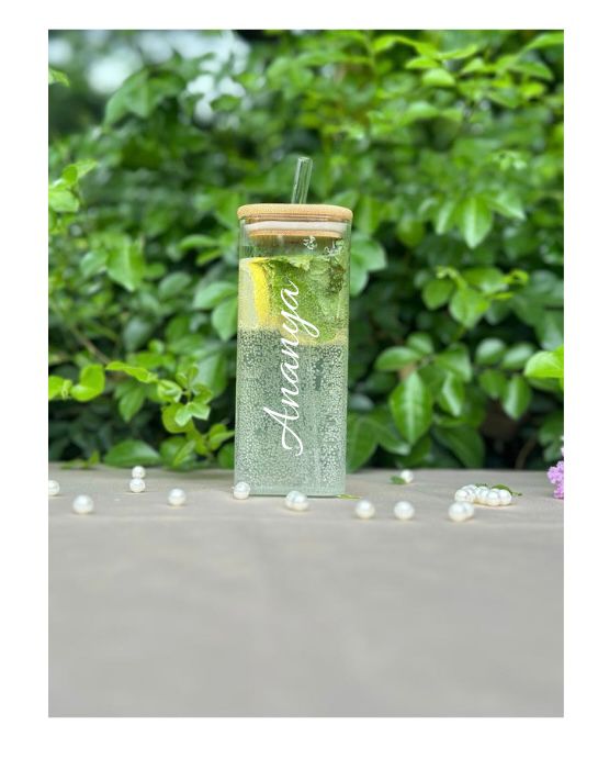 Personalized Glass Square Shape Tumbler With Wooden Lid & Glass Straw