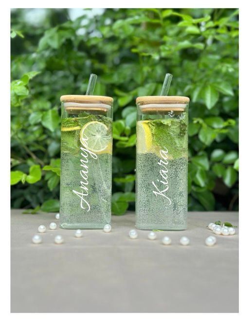 Personalized Glass Square Shape Tumbler With Wooden Lid & Glass Straw
