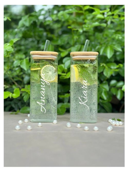 Personalized Glass Square Shape Tumbler With Wooden Lid & Glass Straw