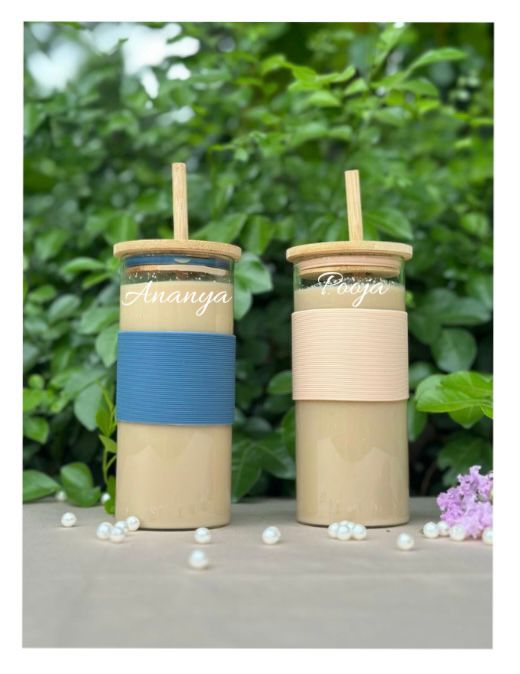 Personalized Glass Tumbler With Bamboo Straw & Lid