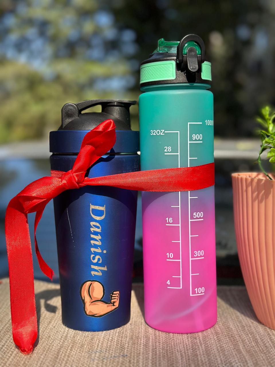 Personalized Stainless Steel Gym Shaker & 1000 ML Motivational Bottle  Combo